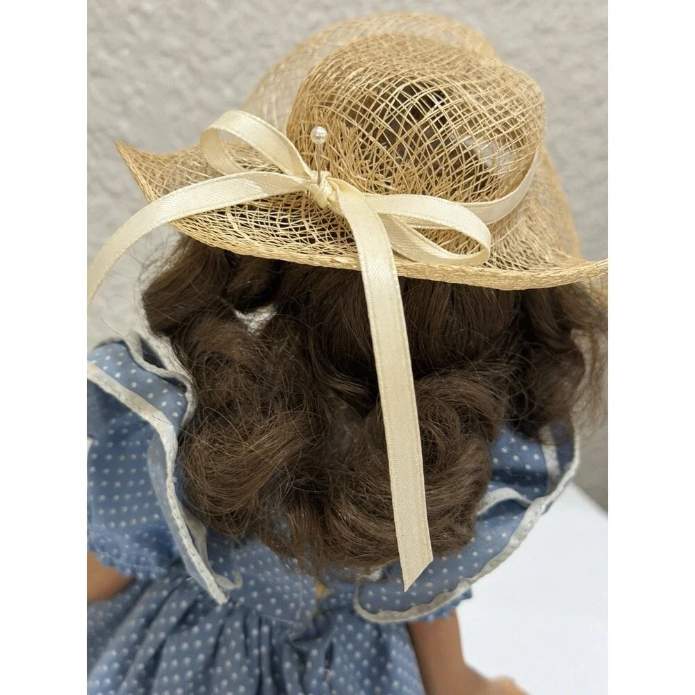 Vintage Porcelain Doll Blue Polka Dot Lace Dress Straw Hat Brunette Display